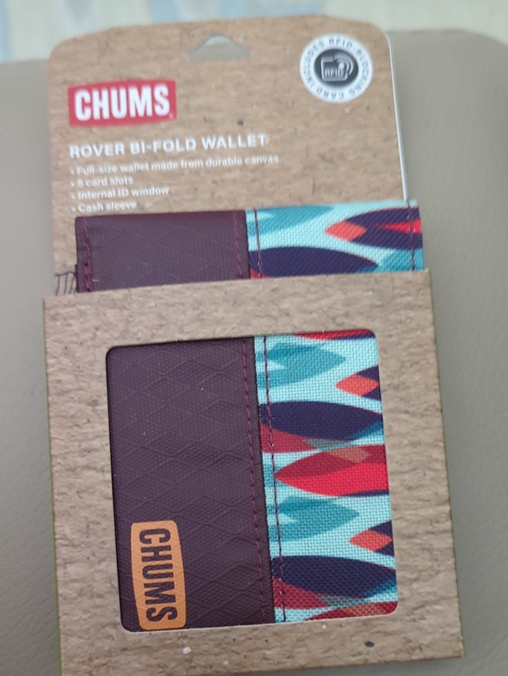 CHUMS Rover Bi-Fold Wallet in Burgundy with Multicolor Pattern